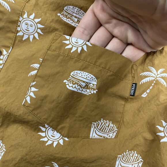 Pyknic Hawaiian Shirt Mens L Green Burger Fries Palm Tree AOP "Take it Greasy" - Picture 3 of 8